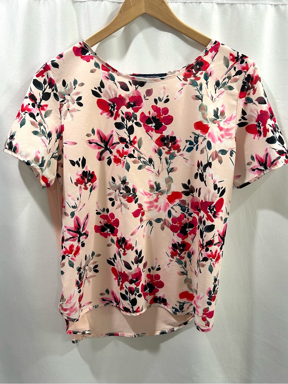 French Connection Pink Floral Short Sleeve Mixed Media Blouse